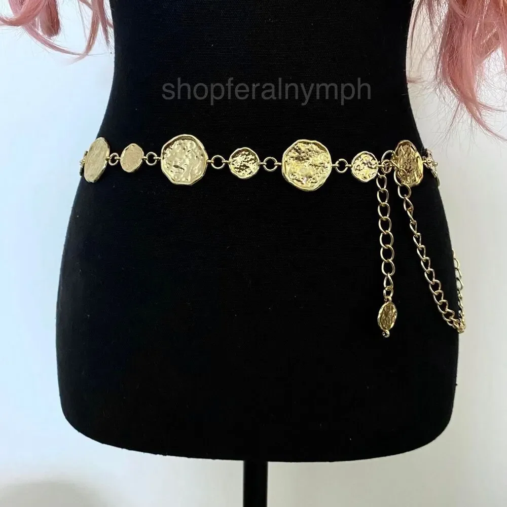 Gold Y2K Hammered Coin Disc Boho Chain Belt, Fits 25-44 Inches, X7GA1272